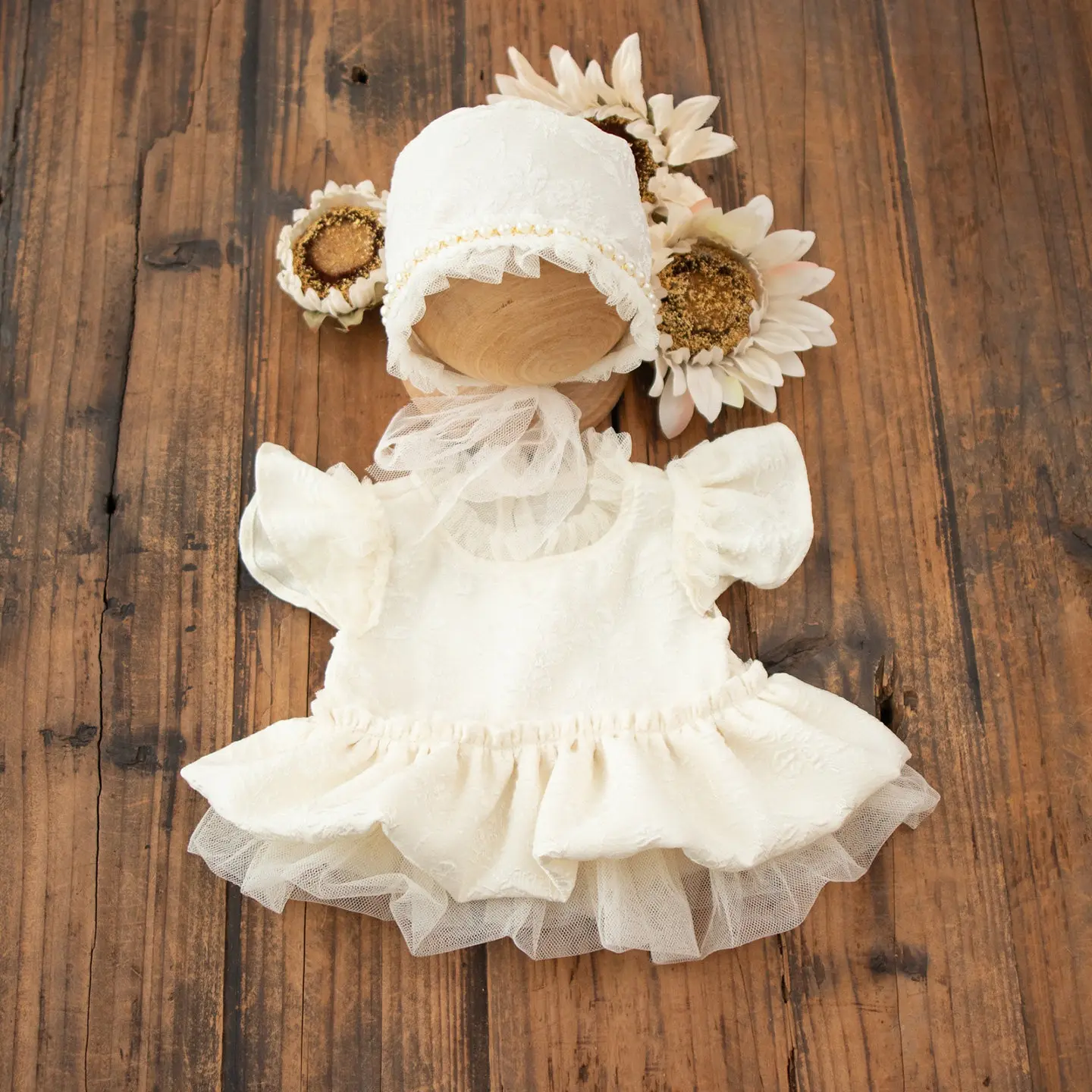 Baby Girl White Lace Dress Hat Set - Newborn Photography Outfit
